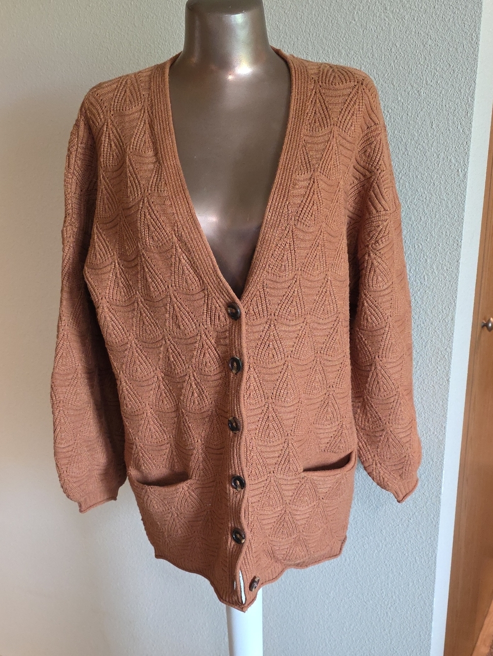 DRA Anthropologie Cozy Textured Button-Front Cardigan Sweater - Caramel